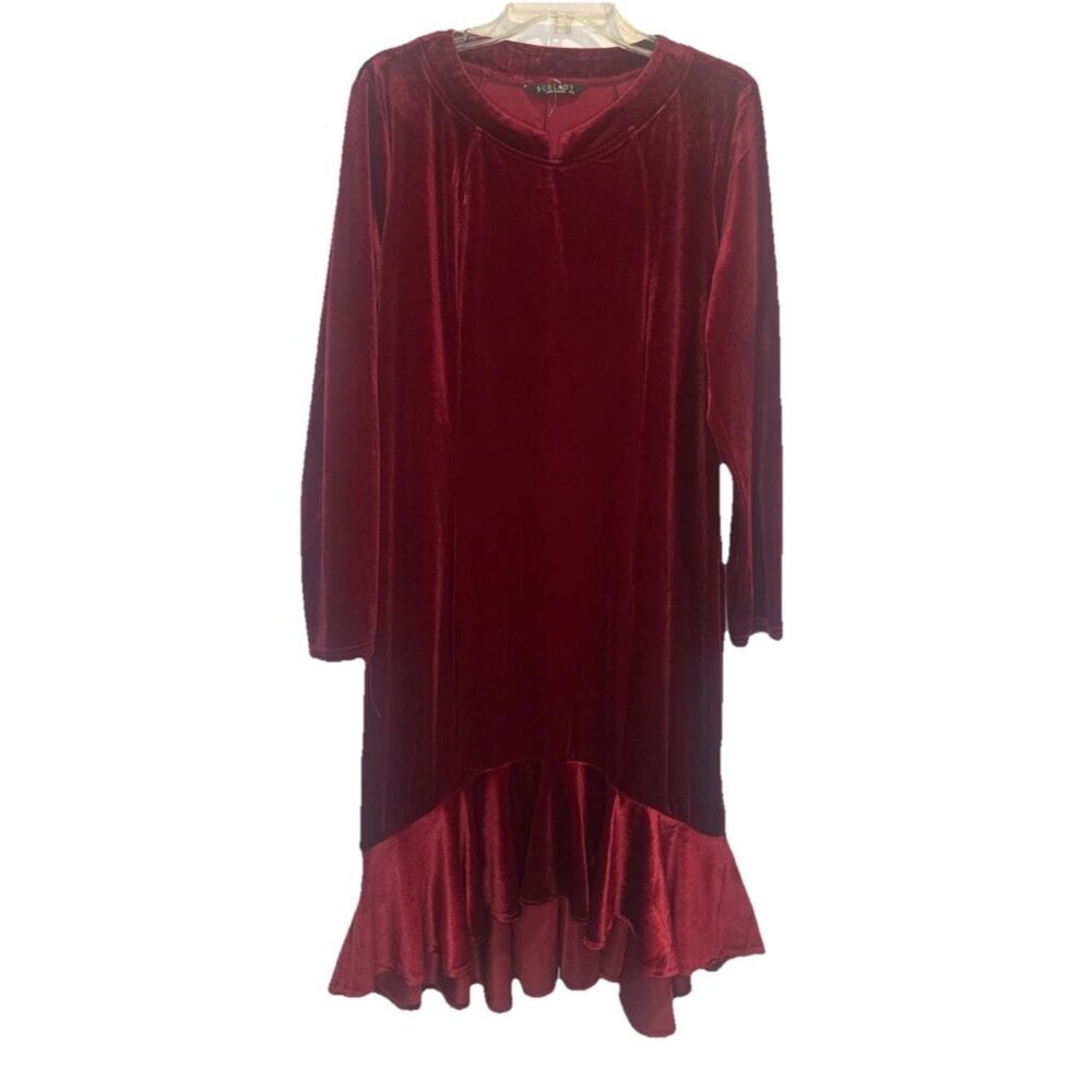 Burlady Women’s Red Velvet Long Sleeve Ruffle Hem V Neck Midi Dress Sz‎ XXL